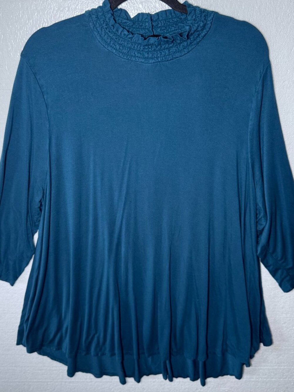 Lane Bryant Womens Plus Sz 22 / 24 Teal Blue Ruffle Mock Neck Top Stretchy Swing